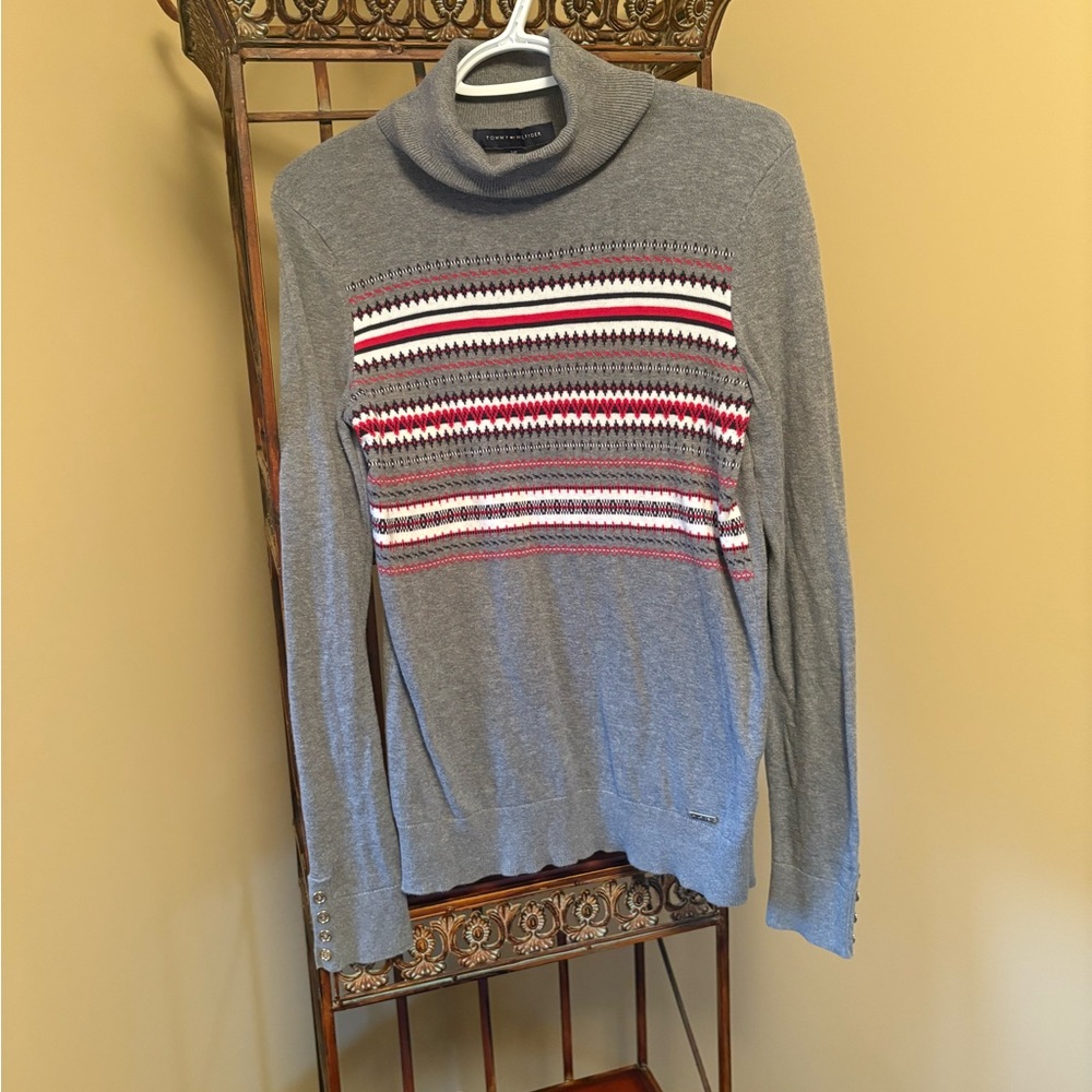 Tommy Hilfiger Gray and Red Striped Turtleneck Sweater
